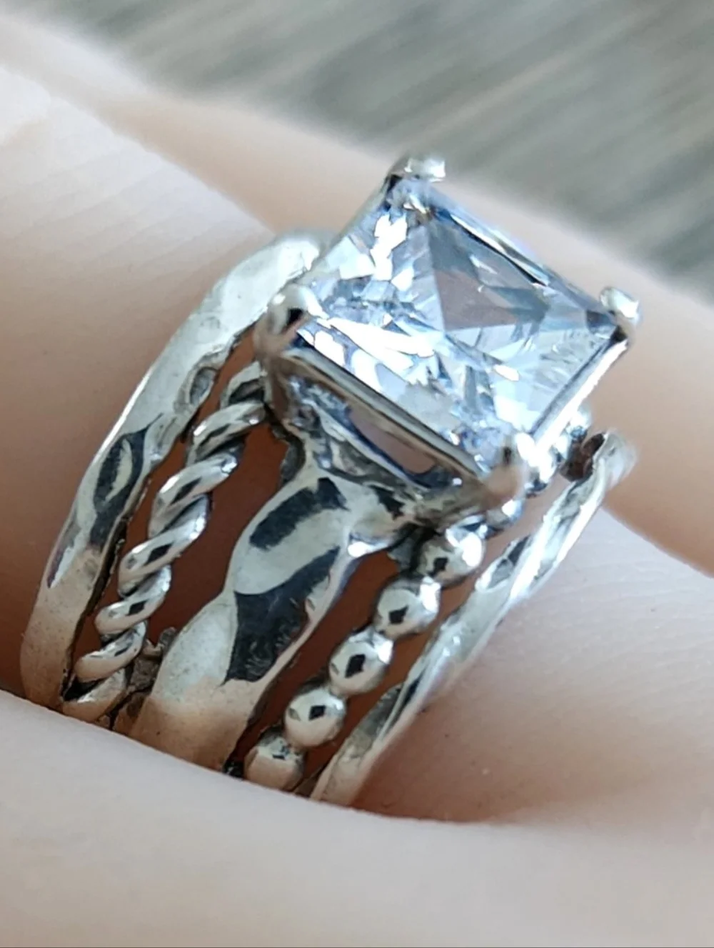 Noa Zuman Signed Sterling Silver 925 Clear CZ Stone Hammered 6.5 Ring Israel - Picture 3 of 12